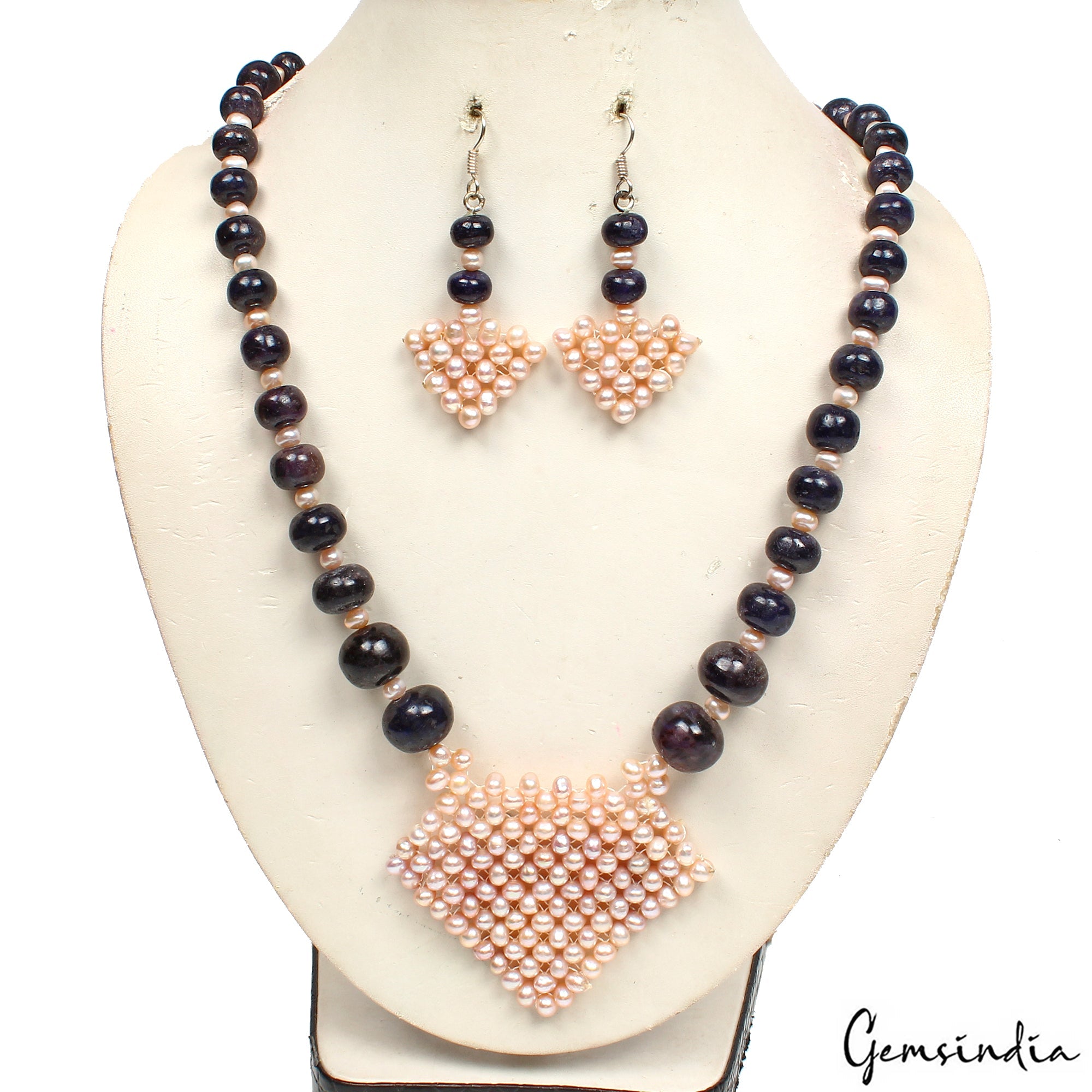 640.30 Cts Natural Blue Sapphire & Peach Pearl Round Beads Handmade Jewelry Set