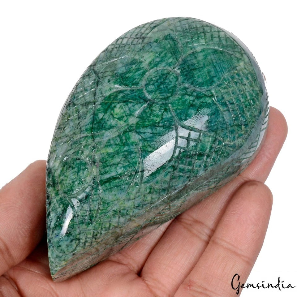 Certified 1785 Ct Natural Brazilian Green Emerald Pear Leaf Design Carving Gem