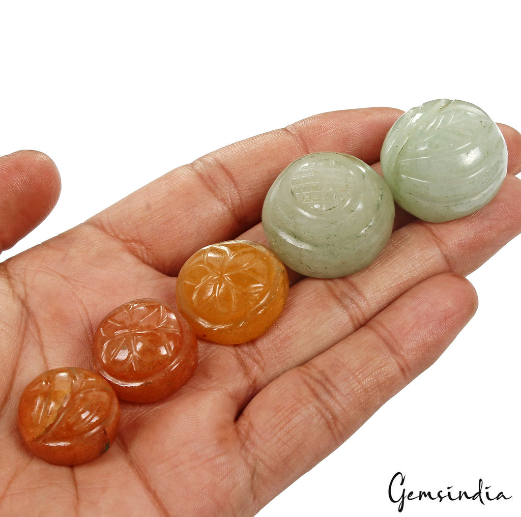 330 Ct Natural Green & Brown Aventurine Round Floral Carved Untreated Gemstones
