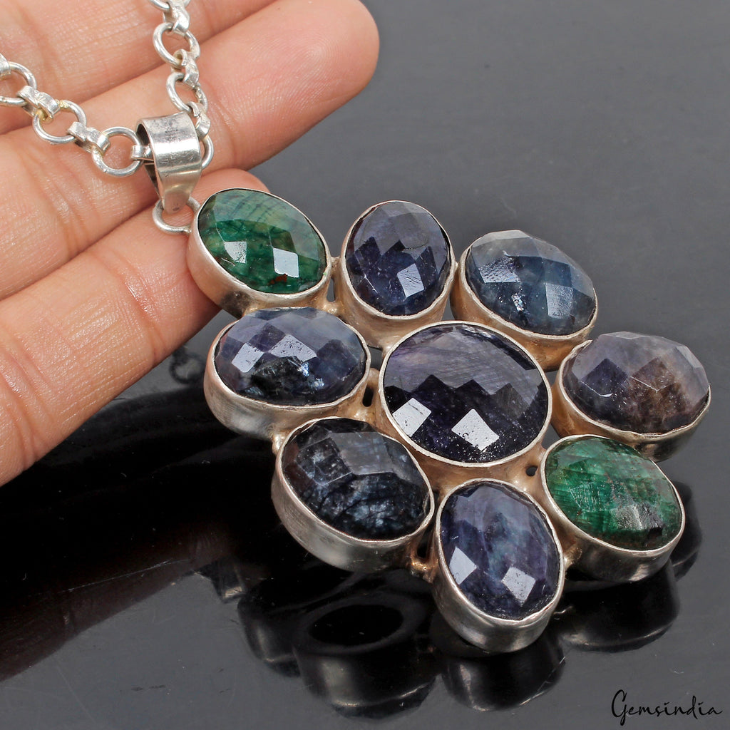 53.20 gm 925 Sterling silver Huge Size Emerald Sapphire Handmade Pendant Jewelry