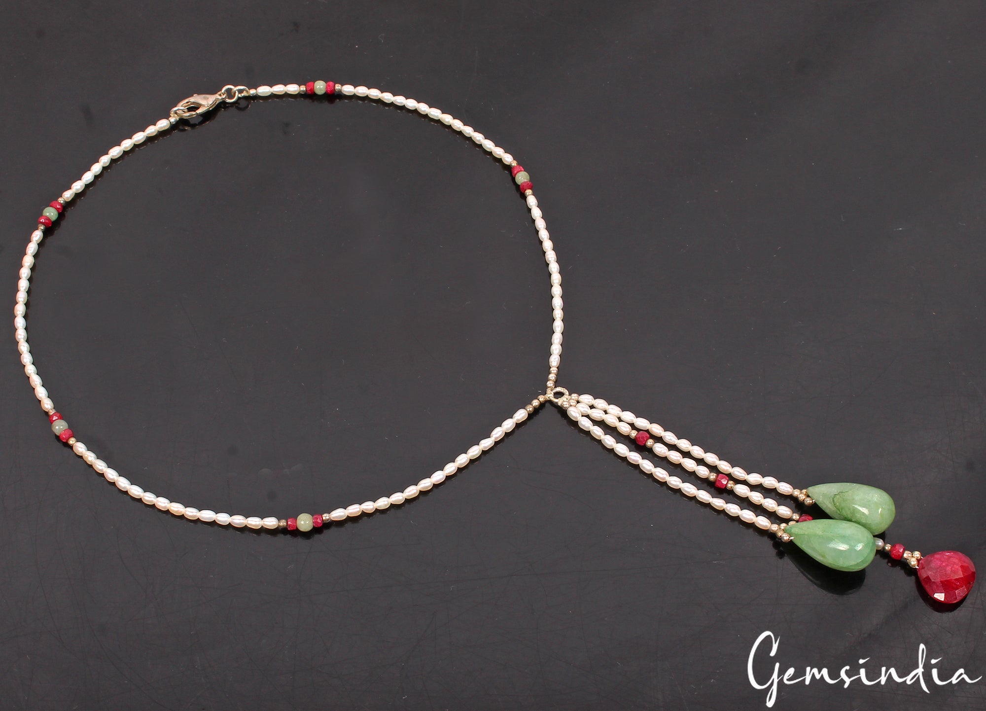 17" Long Designer Rice Pearl, Ruby & Emerald Cabochon Beads Handmade Necklace