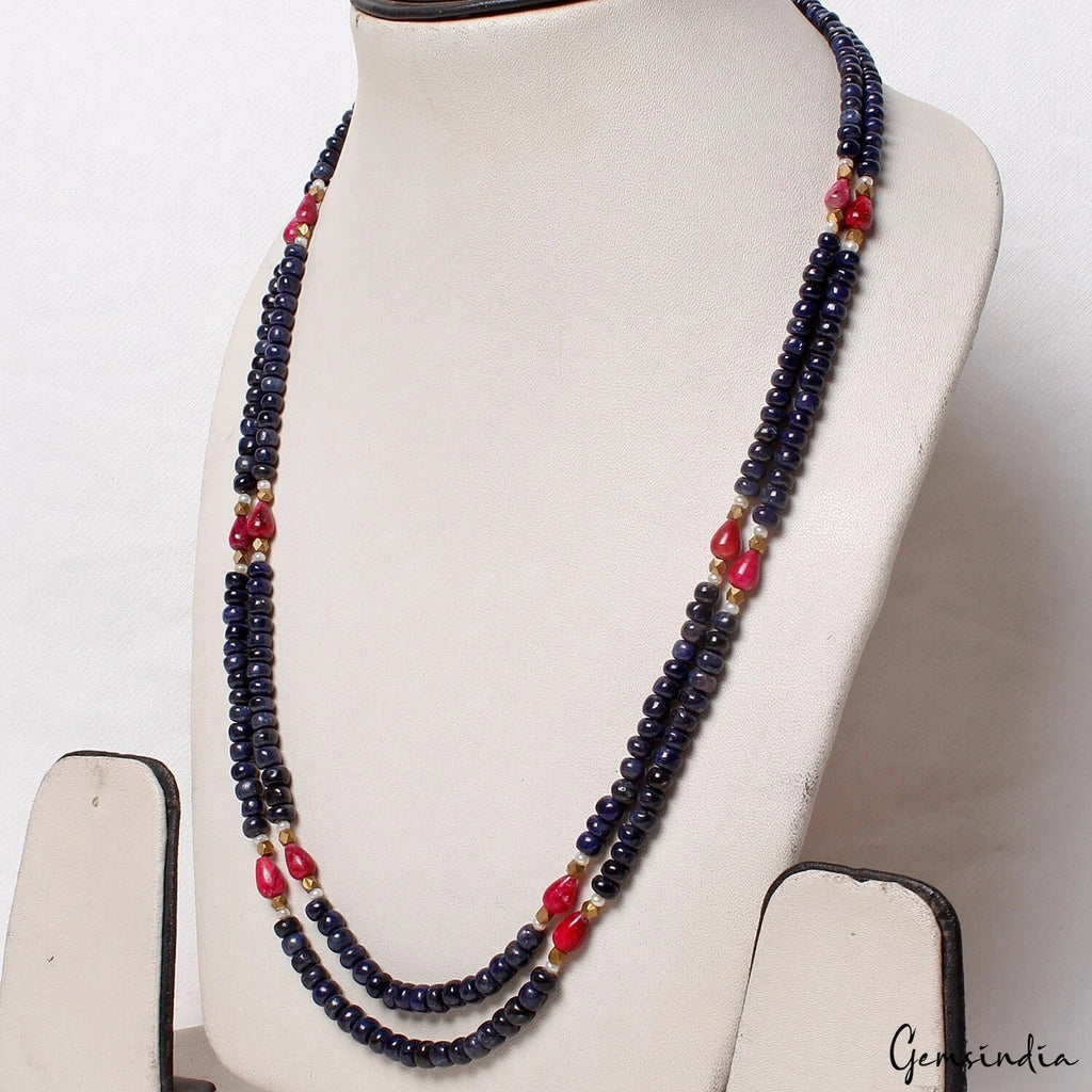 320 Ct Natural Blue Sapphire Red Ruby Gems Beads Double Strand Long Necklace 23"