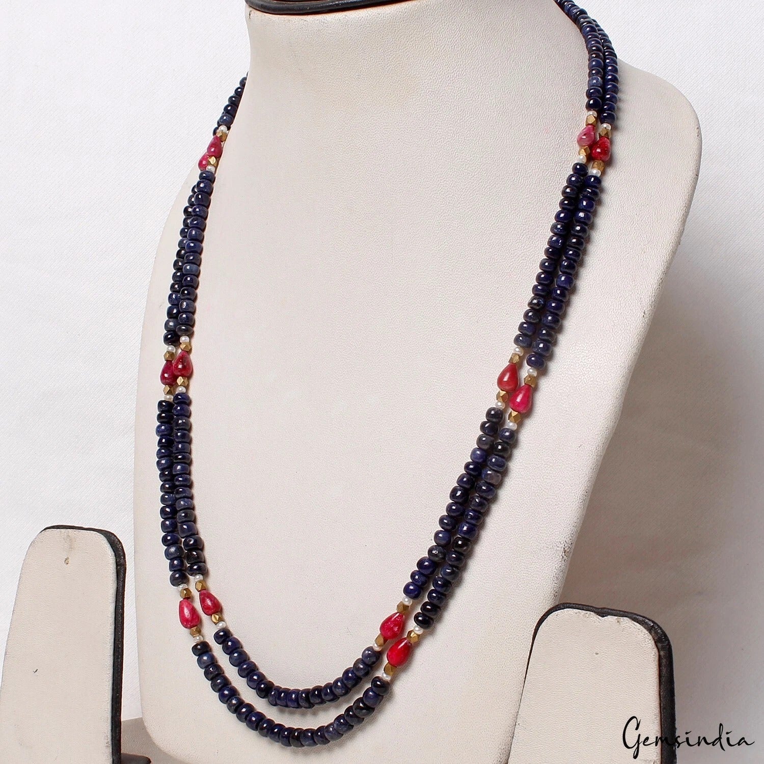 320 Ct Natural Blue Sapphire Red Ruby Gems Beads Double Strand Long Necklace 23"