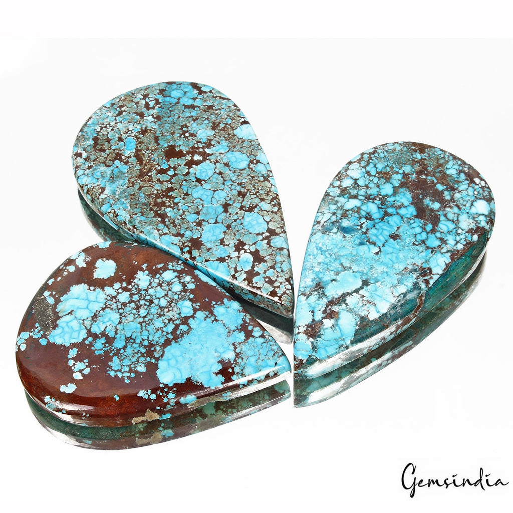 830 Ct/3Pcs Natural USA Arizona Spiderweb Blue Turquoise Pear Cab Loose Gems Lot