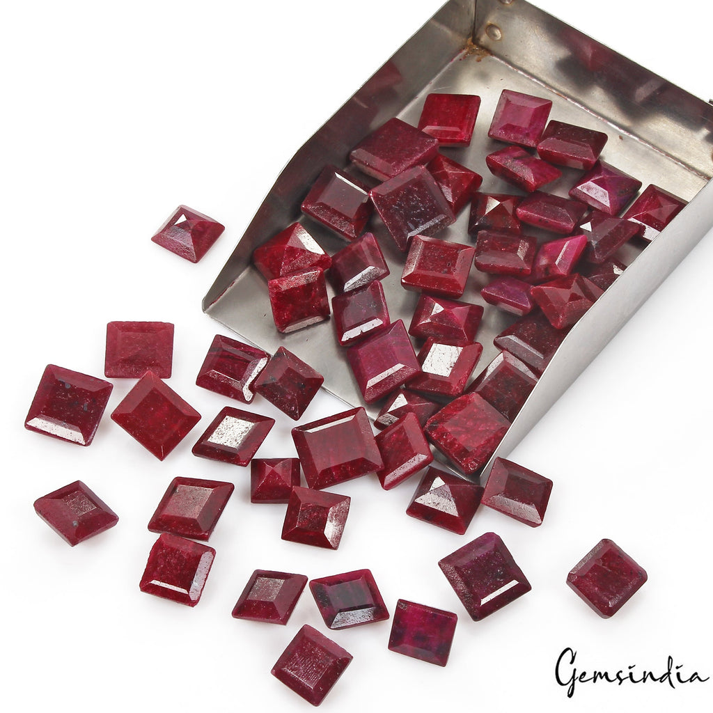 Certified 700 Cts/57 Pcs Natural Red Ruby Square Cut Loose Gems Lot For Jewelry