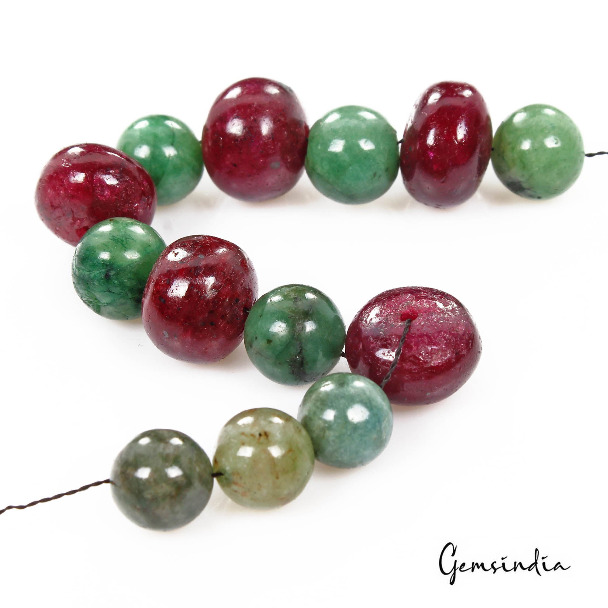 130 Cts/13 Pcs Natural Red Ruby Green Emerald Round Cab Drilled Bead Loose Gems