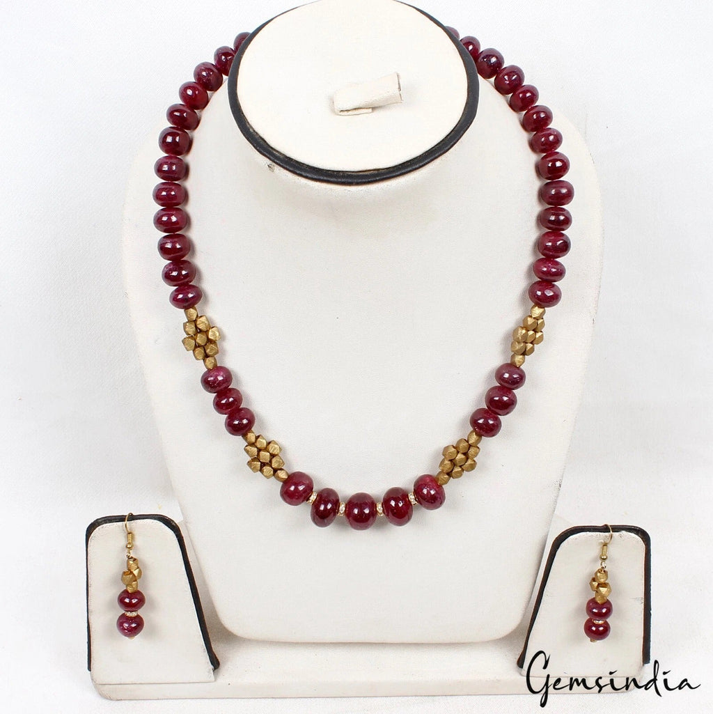 740 Ct Natural Red Ruby Gem Beaded With Golden Accessories Hand Made Jewelry Set