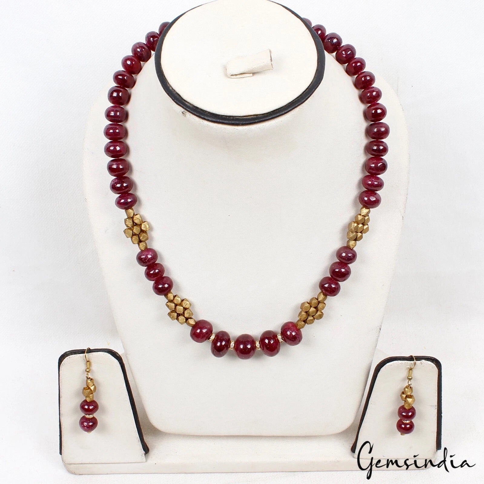 740 Ct Natural Red Ruby Gem Beaded With Golden Accessories Hand Made Jewelry Set