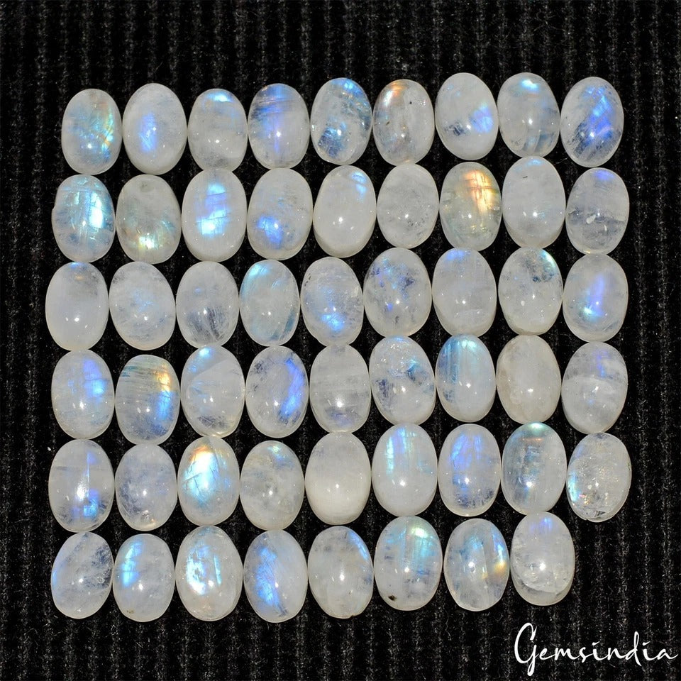 Rainbow Moonstone Lot, Cabochon, Blue — 53 Pieces, 7x5mm, 56.70 Ct, Madagascar
