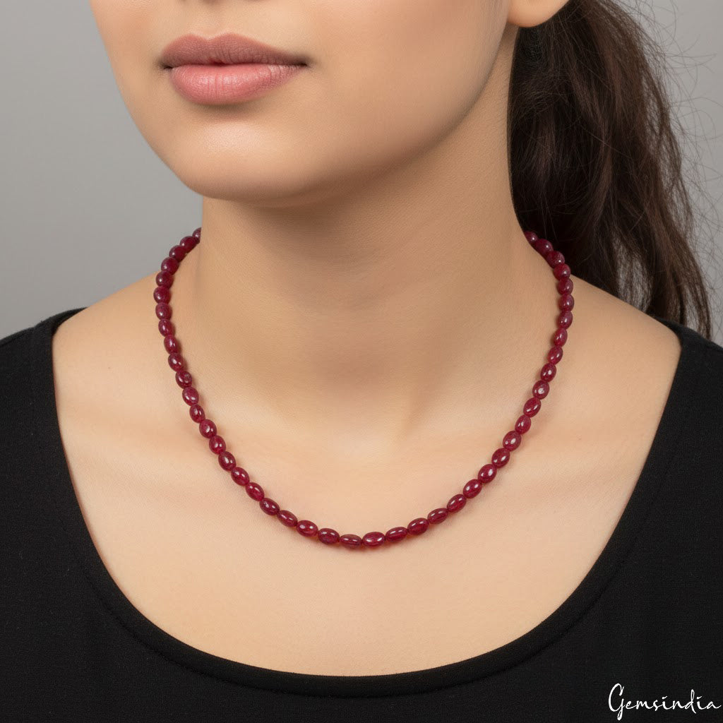 160 Ct Natural Red Ruby Oval Cab Gems Beaded Handmade Single Strand Necklace 19"