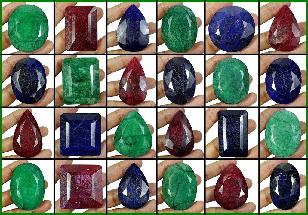 Emerald Lot, Loose Gemstone, Oval Pear Round Square Octagon Faceted Cut, Color Enhanced — 24 Pieces, 39mm to 72mm, 11779 Ct (2.3 Kg), Brazil