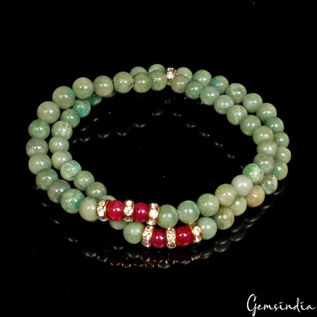 77.90 Ct Natural Emerald Ruby Round Bead Double Strand Stretchable Bracelet 6.5"