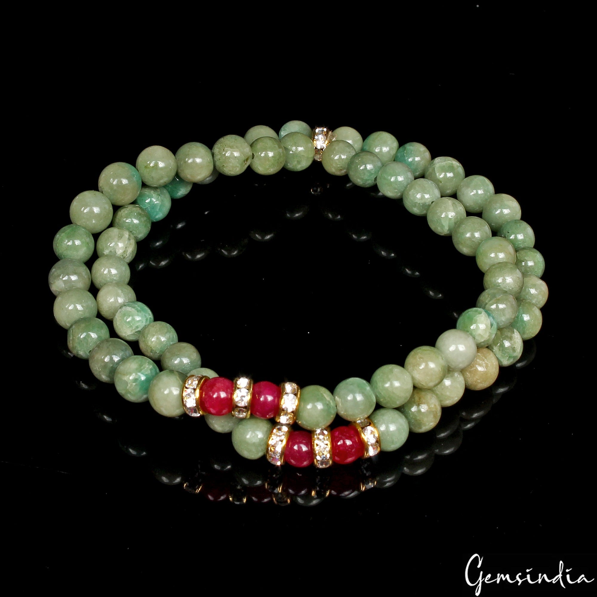 77.90 Ct Natural Emerald Ruby Round Bead Double Strand Stretchable Bracelet 6.5"