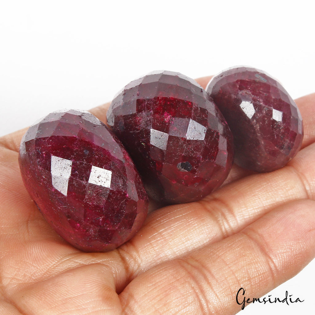 700 Cts/3 Pcs Natural African Red Ruby Round Faceted Drill Bead Loose Gems Lot