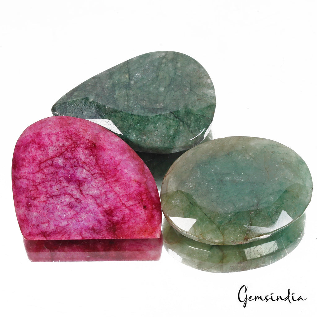 470 Cts/3 Pcs Natural Red Beryl/Green Emerald Mix Cut Loose Gems Lot For Pendant