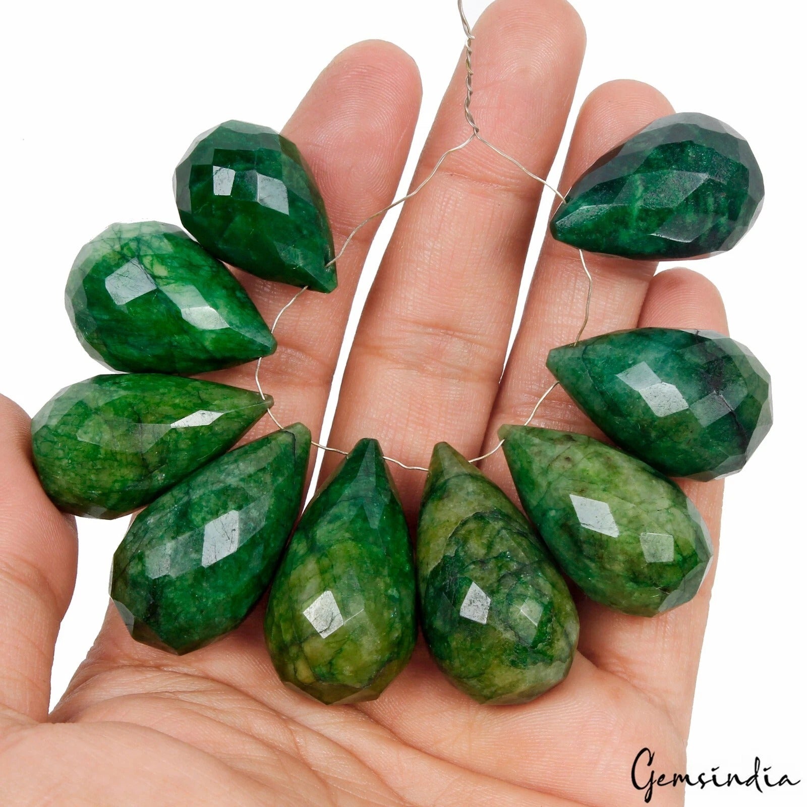 690 Cts/9 Pcs Natural Dark Green Emerald Pear Checker Cut Drill Beads/Briolettes