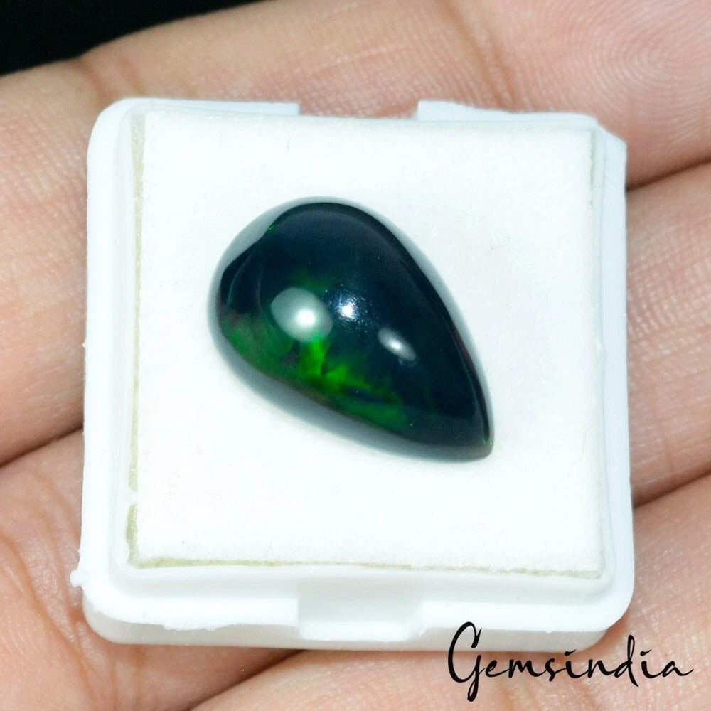 Certified 7.15 Cts Natural Untreated Black With Green Shine Opal Pear Cab Gem