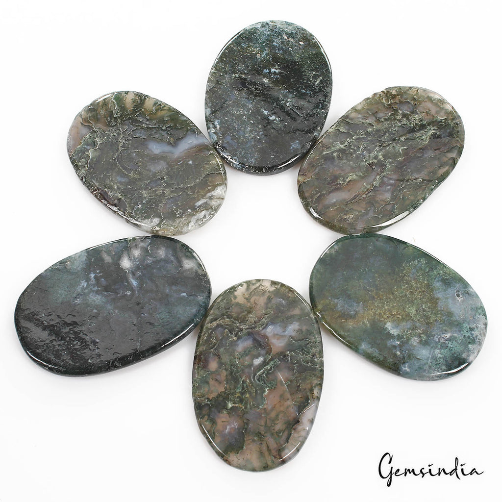 Moss Agate Lot, Loose Gemstone, Assorted Cabochon, Untreated — 6 Pieces, 64mm to 69mm, 1120 Ct