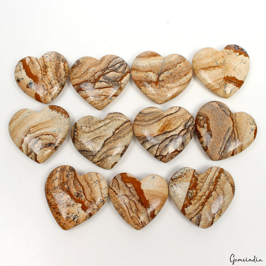 850 Ct/11 Pcs Natural Untreated Picture Jasper Heart Cab Loose Gems For Jewelry