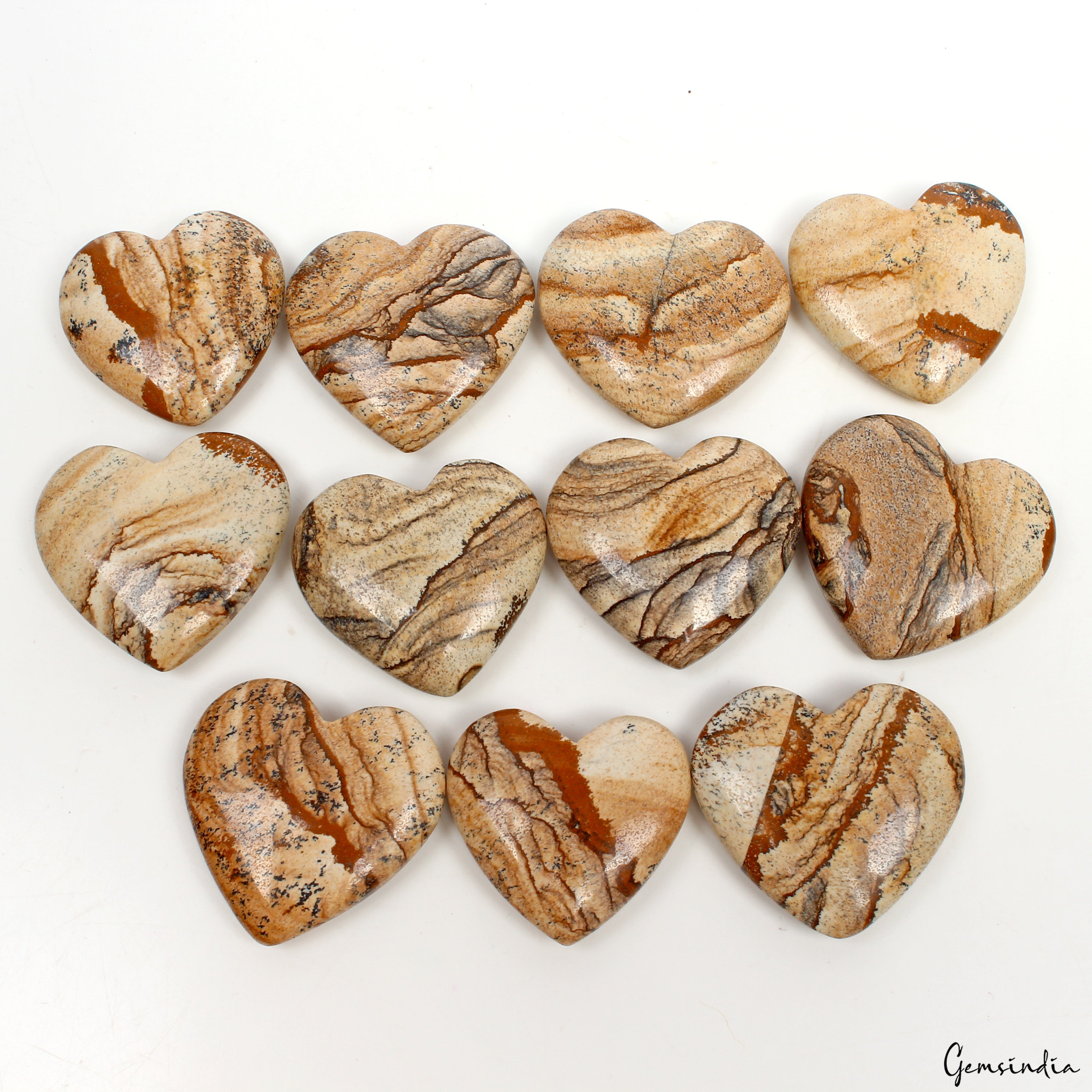 850 Ct/11 Pcs Natural Untreated Picture Jasper Heart Cab Loose Gems For Jewelry