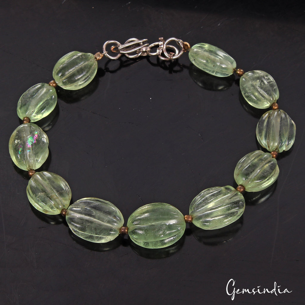 87.60 Ct Natural Untreated Fluorite Oval Cut Carving Beaded Handmade Bracelet