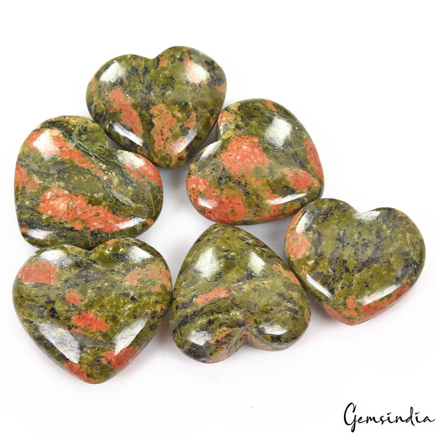 500 Cts/6 Pcs Natural Untreated Bi-Color Unakite Jasper Heart Cab Loose Gems Lot