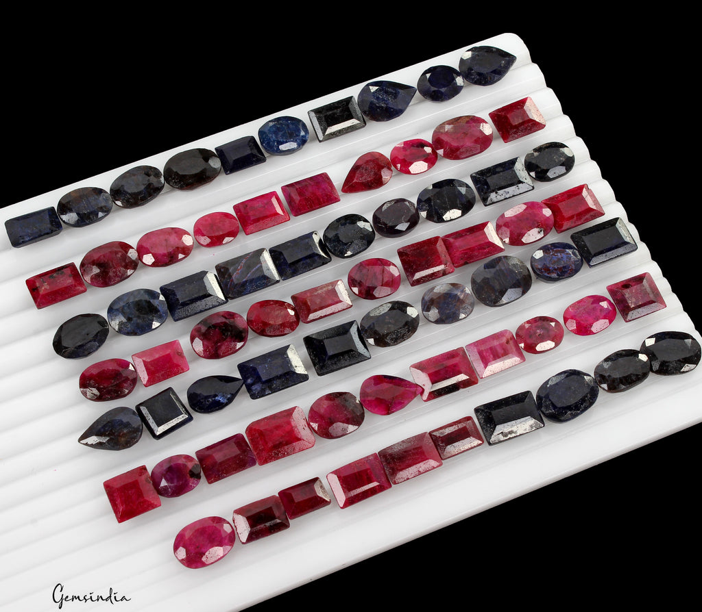 Certified 700 Cts/71 Pcs Natural Red Ruby Blue Sapphire Mix Cut Loose Gems Lot