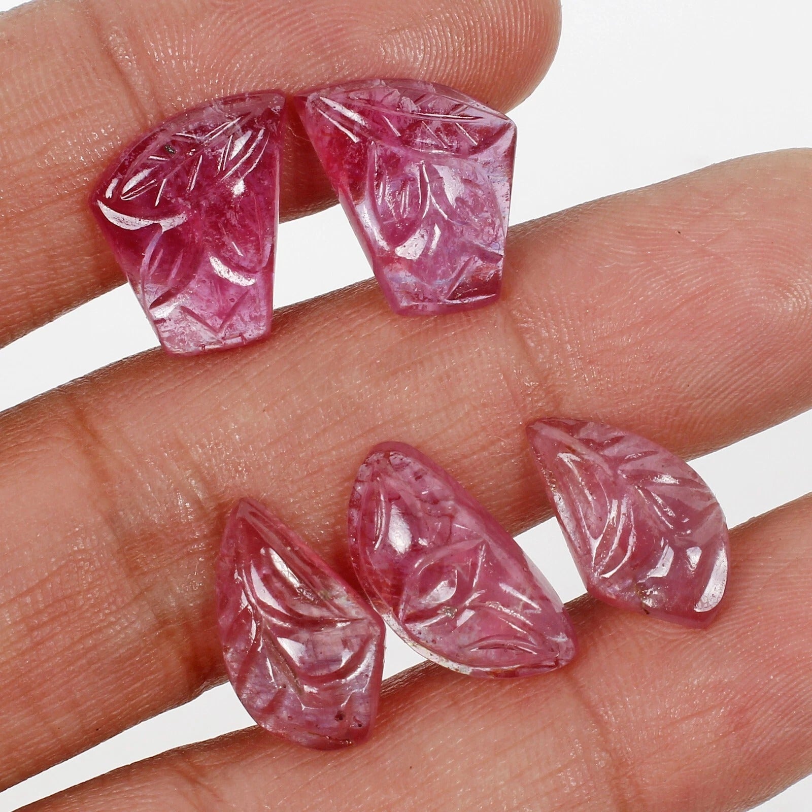 5 Pcs Natural Ruby 14-17mm Beautiful Pink Red Hand Carved Mozambique Gemstones