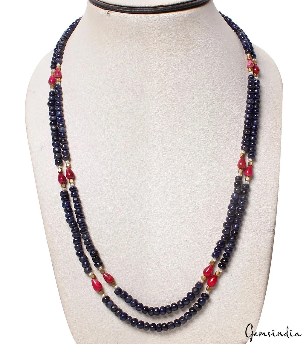 320 Ct Natural Blue Sapphire Red Ruby Gems Beads Double Strand Long Necklace 23"