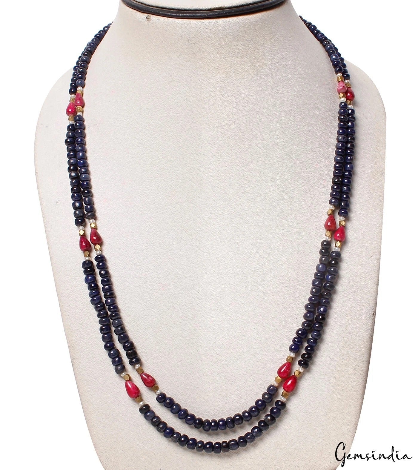 320 Ct Natural Blue Sapphire Red Ruby Gems Beads Double Strand Long Necklace 23"