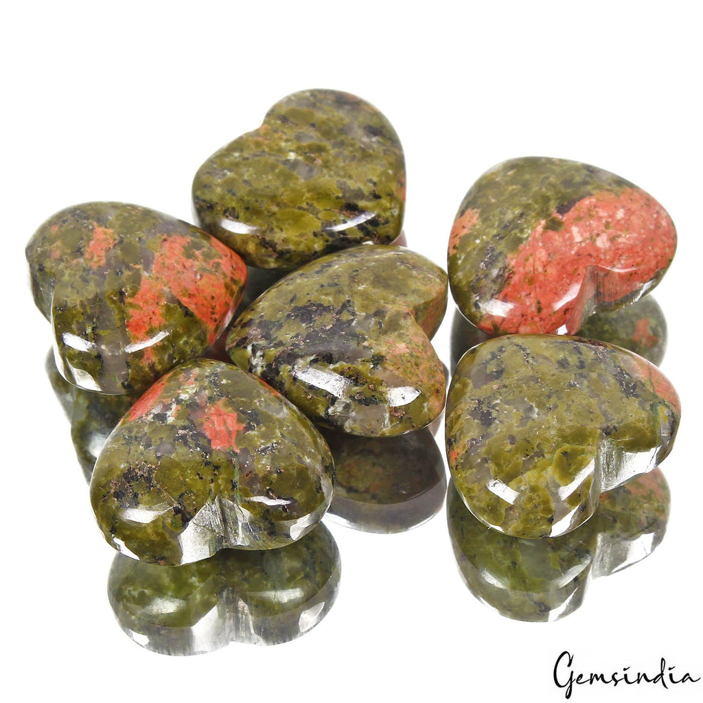 294.50 Cts/6 Pcs Natural Untreated Bi-Color Unakite Jasper Heart Cab Gems Lot