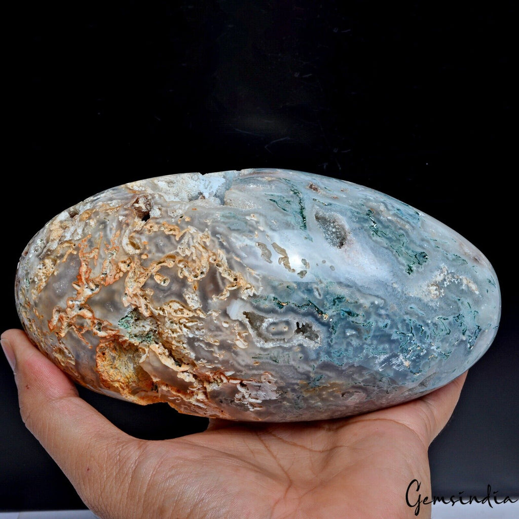 Rare 1.6 Kg Natural Dendrite Moss Agate Druzy Crystal Egg Shape Geode Specimen