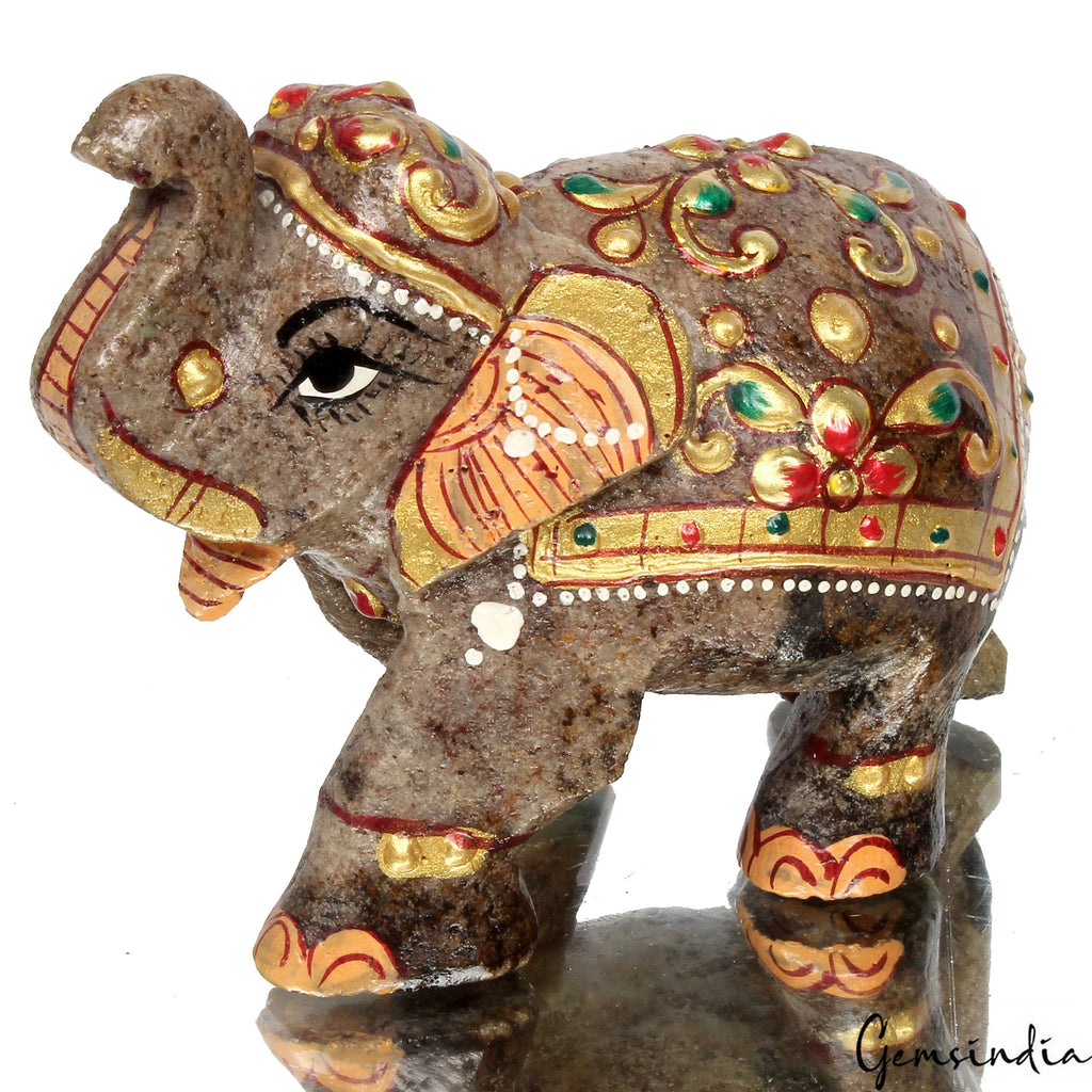 1250Ct Natural Agate Gemstone Hand Crafted Gold Painted Trunk Up Elephant Statue