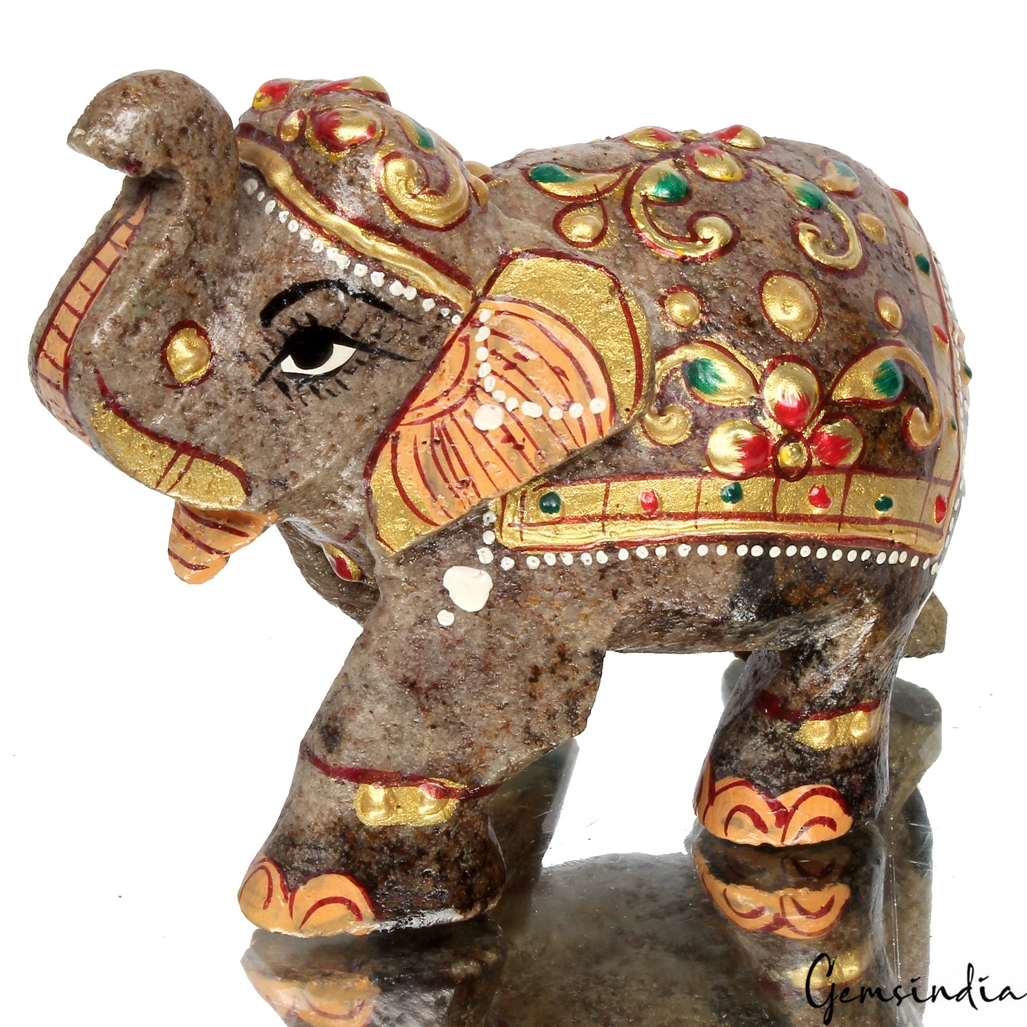 1250Ct Natural Agate Gemstone Hand Crafted Gold Painted Trunk Up Elephant Statue