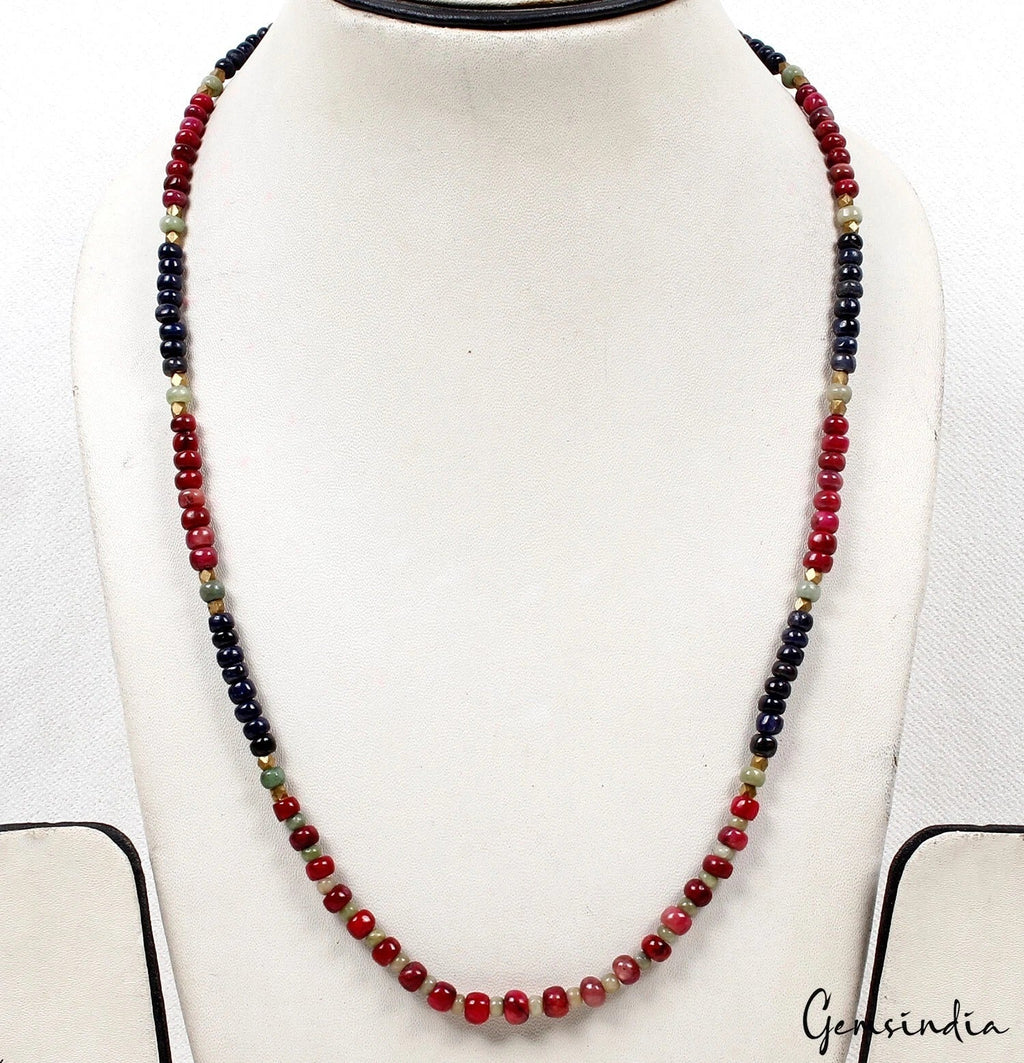 Handmade 22" Long Natural Sapphire Ruby Emerald Round Beaded Necklace for Women