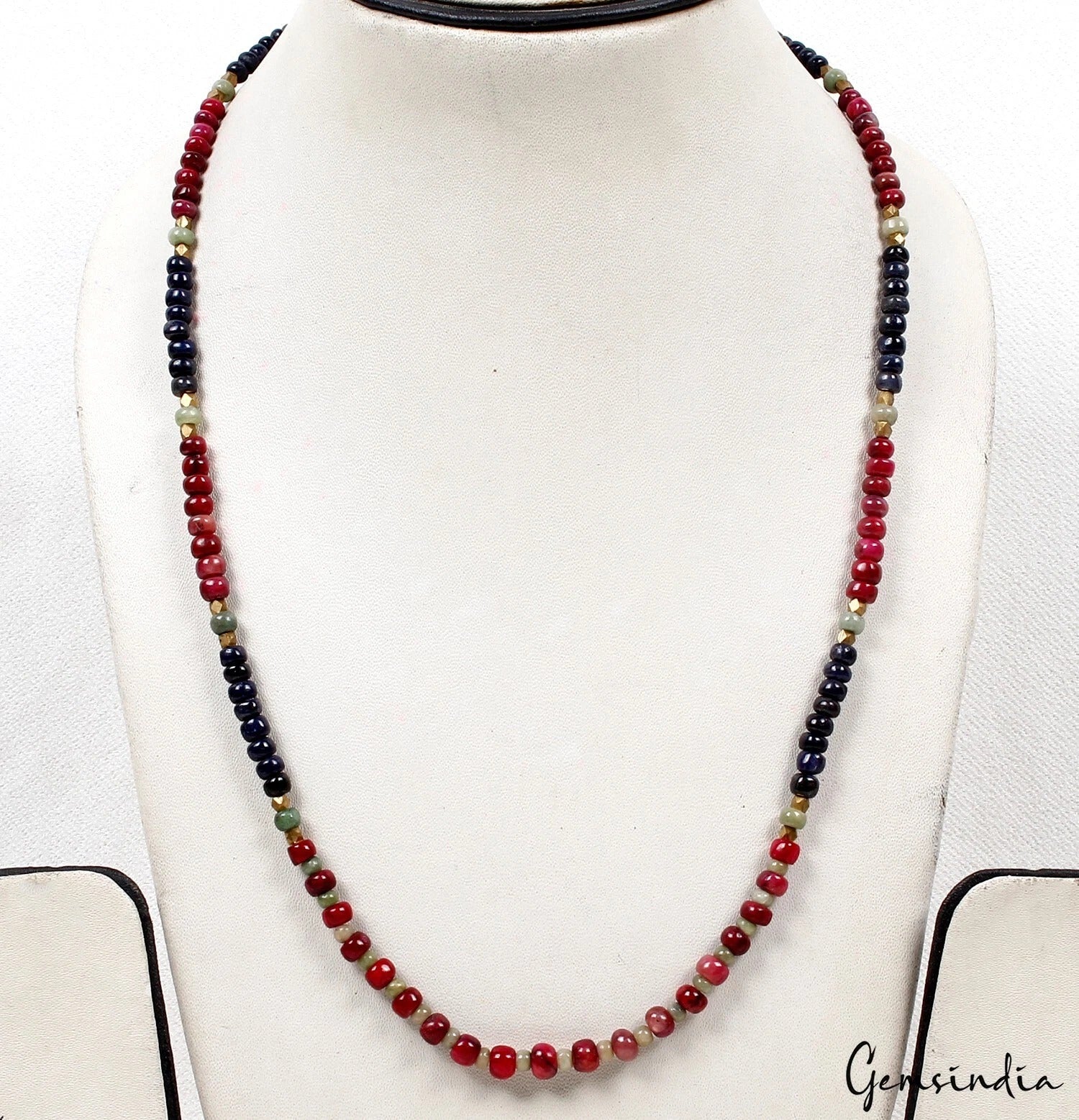 Handmade 22" Long Natural Sapphire Ruby Emerald Round Beaded Necklace for Women