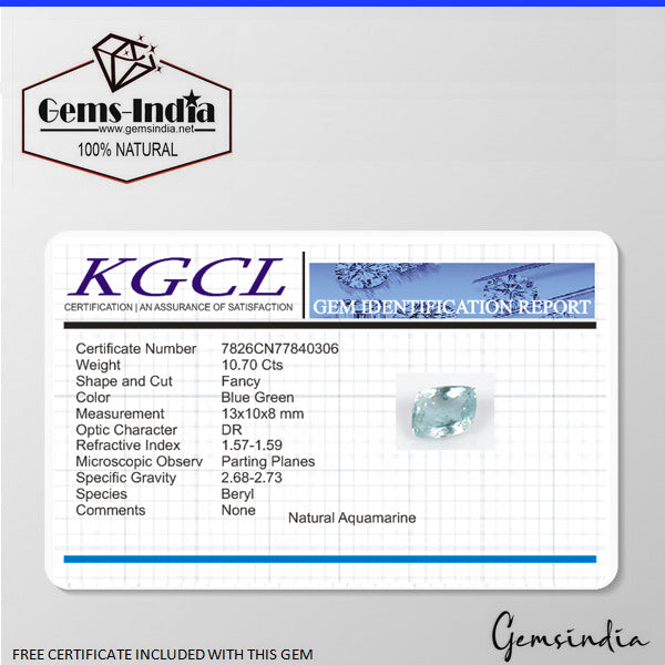 Certified 10.70 Ct Natural Untreated Blue Aquamarine Fancy Cut Rare Gem For Ring