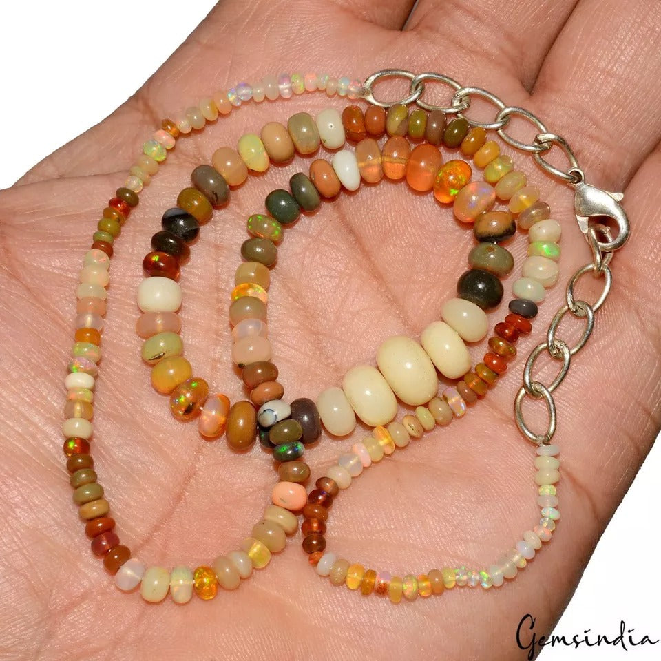 55+Ct Natural Multi Shine Ethiopian Opal Round cab Beaded Single Strand Necklace