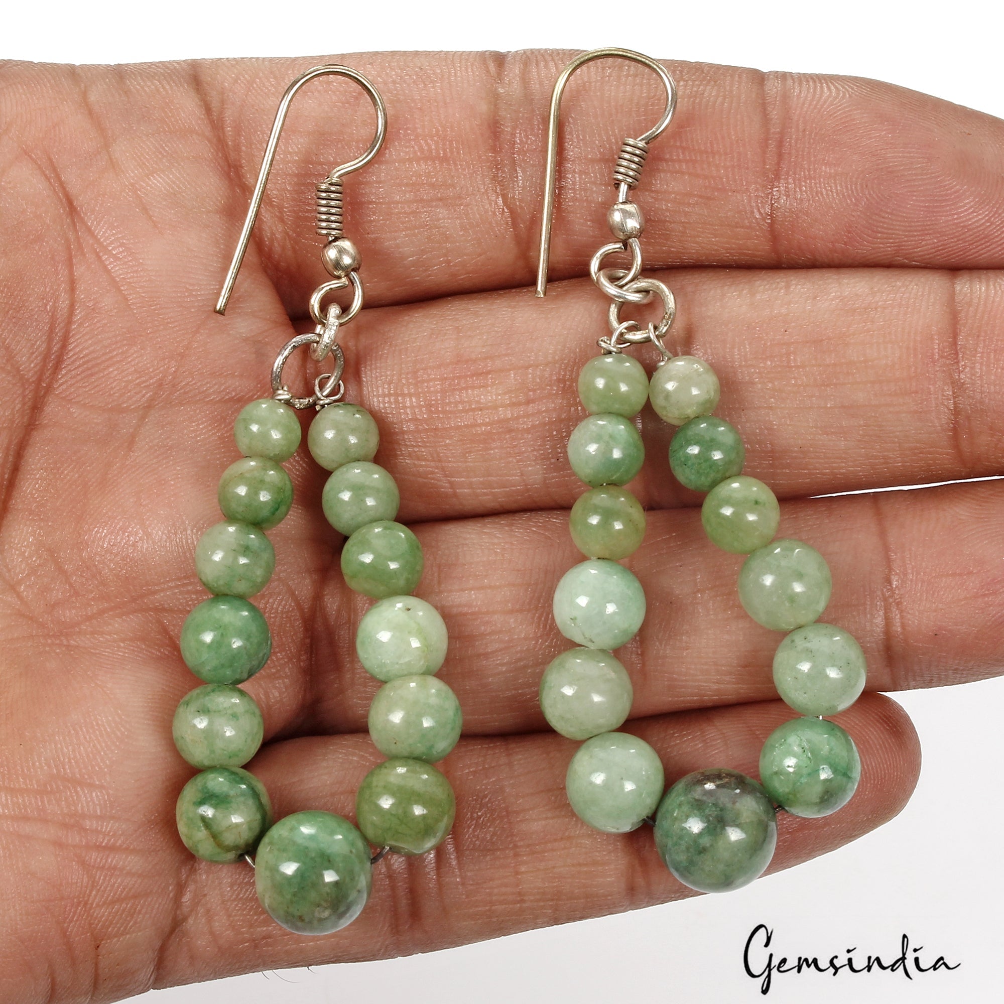 75.60 Ct Natural Green Emerald Round Beaded Dangler Beautiful Earring 2.75"Long