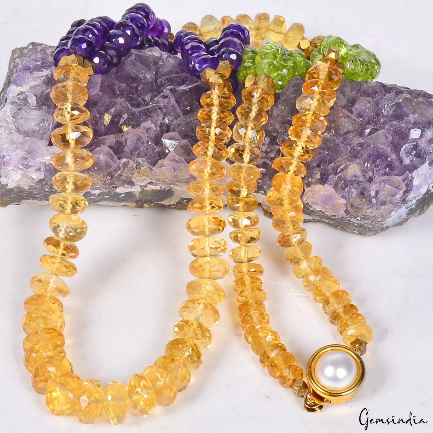 270Ct Natural Multi Color Citrine Amethyst Peridot Round Cut Beaded Necklace 22"