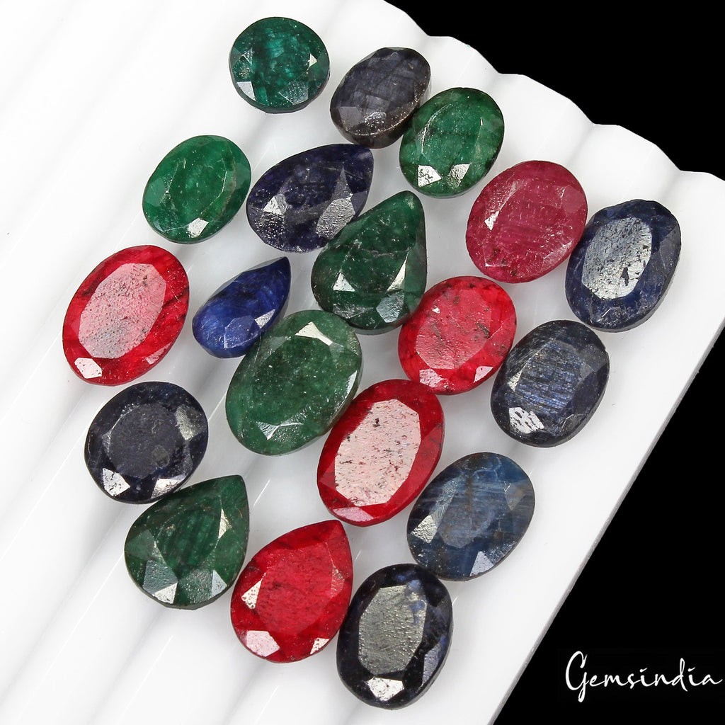 Certified 110 Cts/19 Pcs Natural Multi Color Emerald Ruby Sapphire Mix Cut Gems