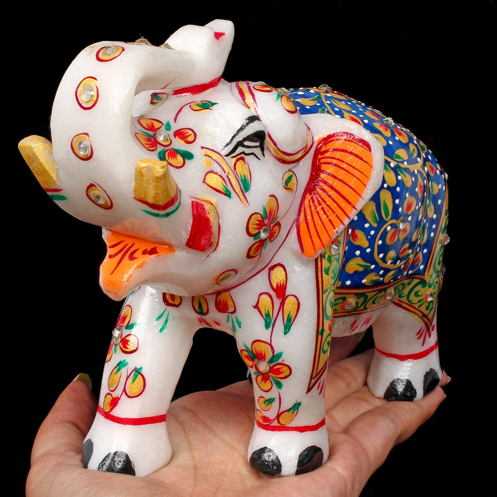 5.2" White Marble Elephant Statue Indian Handmade Home Decor Sculpture ~ 1.6 Kg