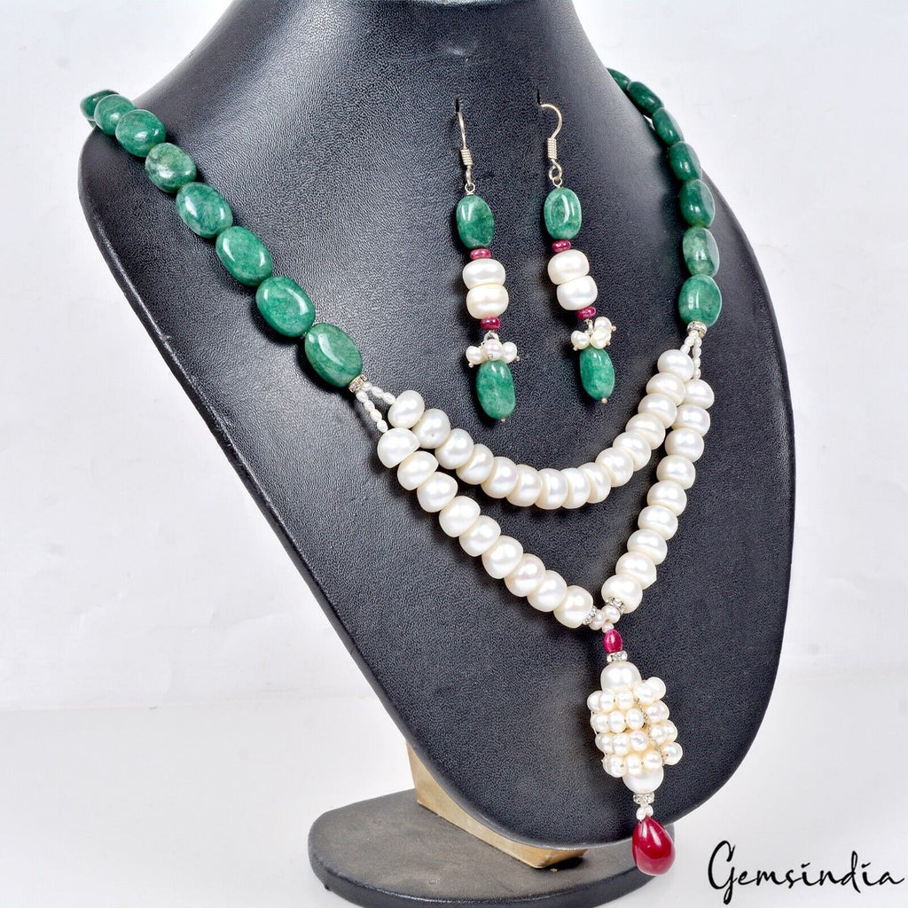 590 Ct Natural Emerald Freshwater Pearl Beaded Designer Necklace Set For Women