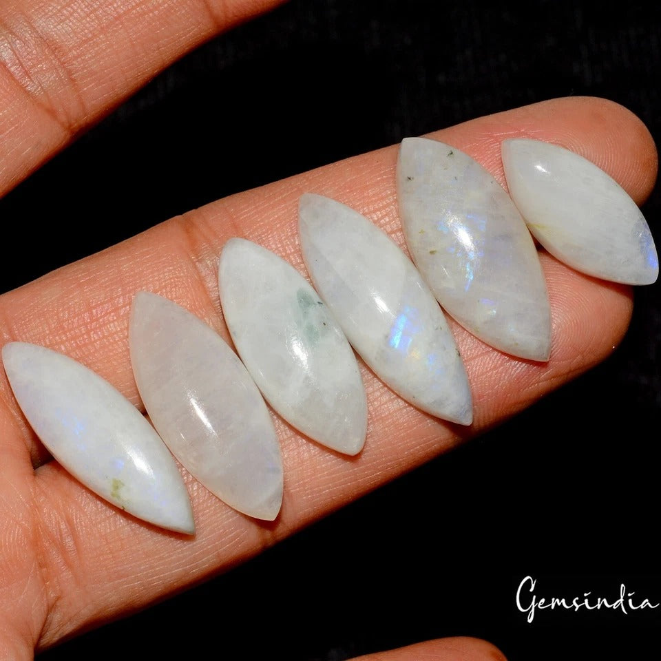 6 Pcs Natural Rainbow Moonstone Blue Shine Marquise Cab Loose Jewelry Gemstones