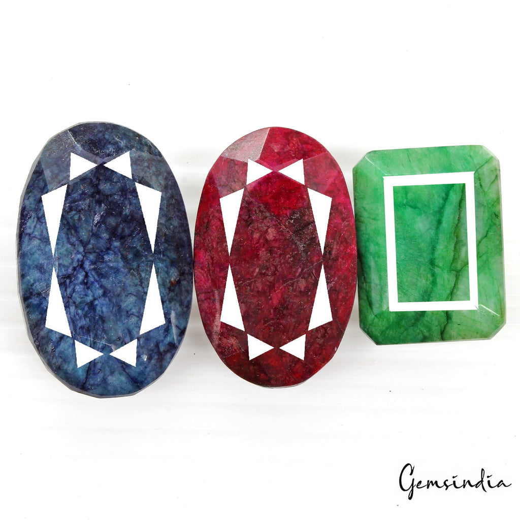 1060 Cts/3 Pcs Natural Red Ruby Blue Beryl Green Emerald Mix Cut Loose Gems Lot