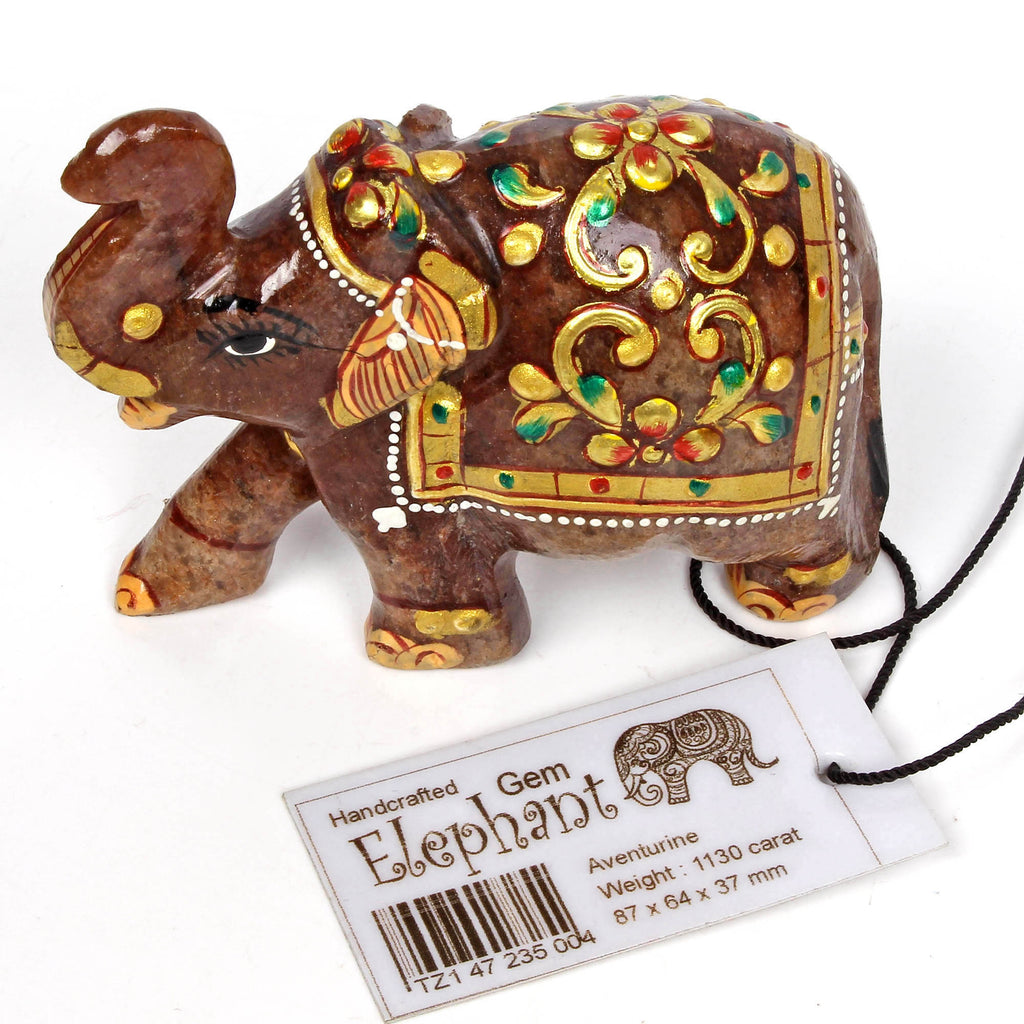 1130 Cts Natural Aventurine Hand Crafted Gold Painted Elephant Sculpture/ Statue