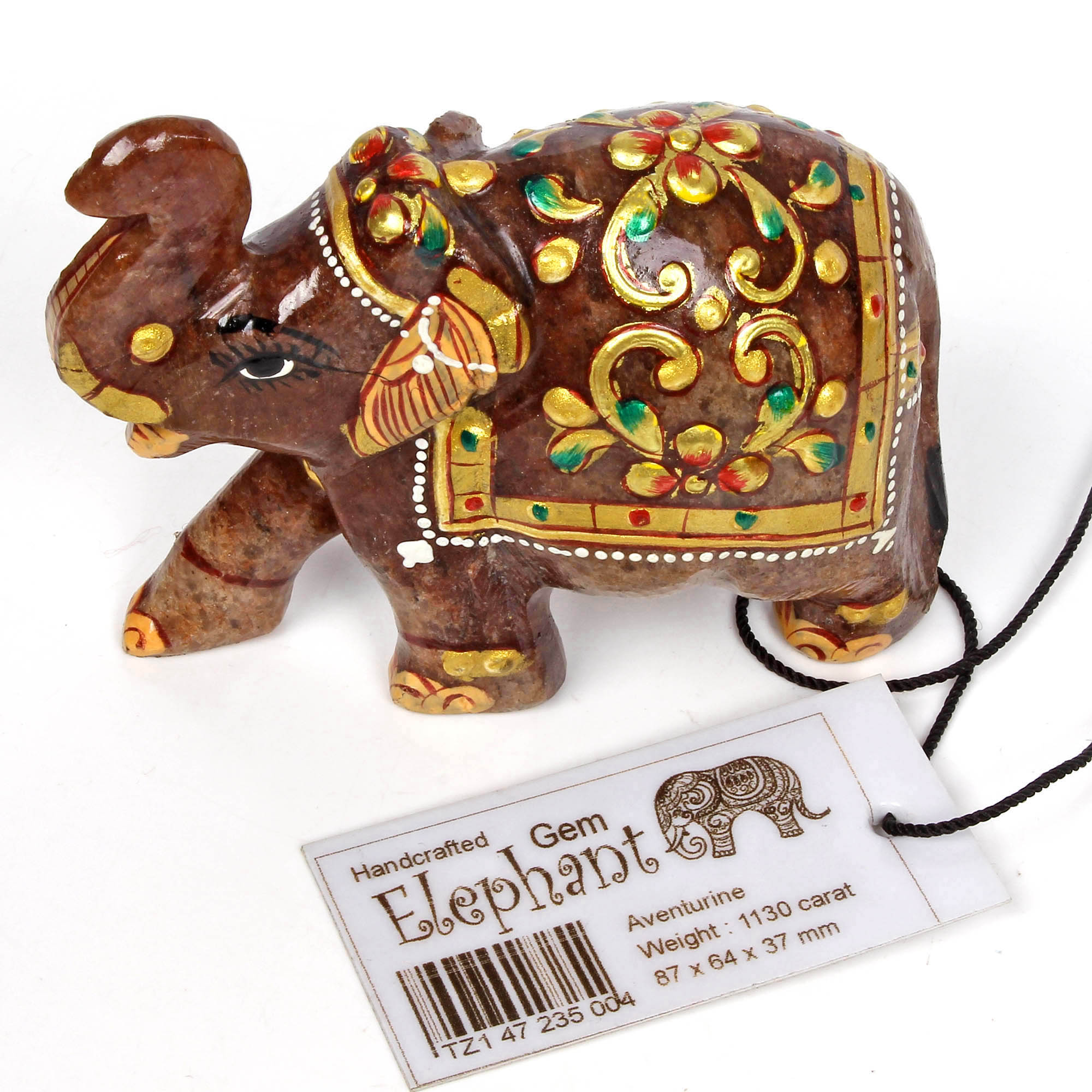 1130 Cts Natural Aventurine Hand Crafted Gold Painted Elephant Sculpture/ Statue