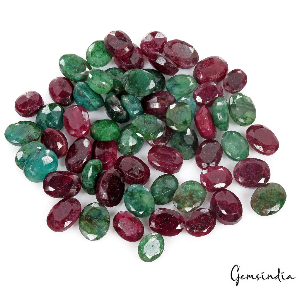 60 Pcs Natural Red Ruby Green Emerald Oval Cut 11-15mm Loose Ring Size Gemstones