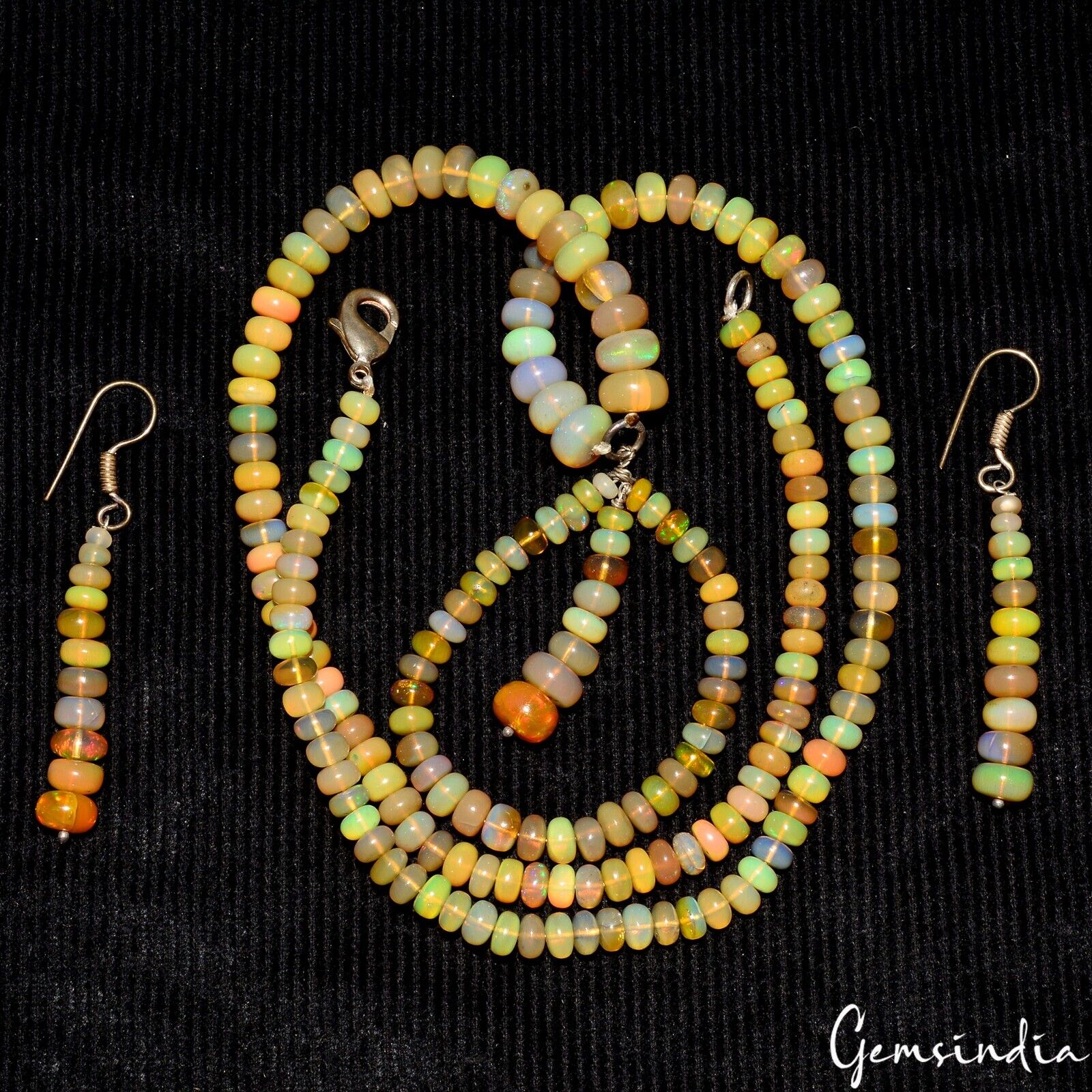 20" Natural Welo Fire Ethiopian Opal Untreated Rondelle Bead Necklace W/Earrings