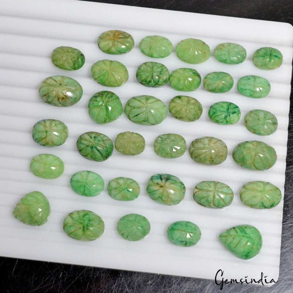 420 Cts/34 Pcs Natural Green Brazilian Emerald Mix Hand Carved Gems For Jewelry